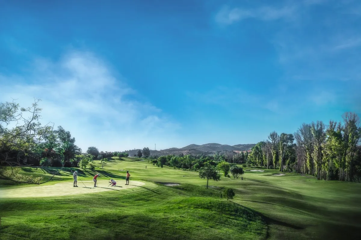 Golfers cast shadows on rolling fairway